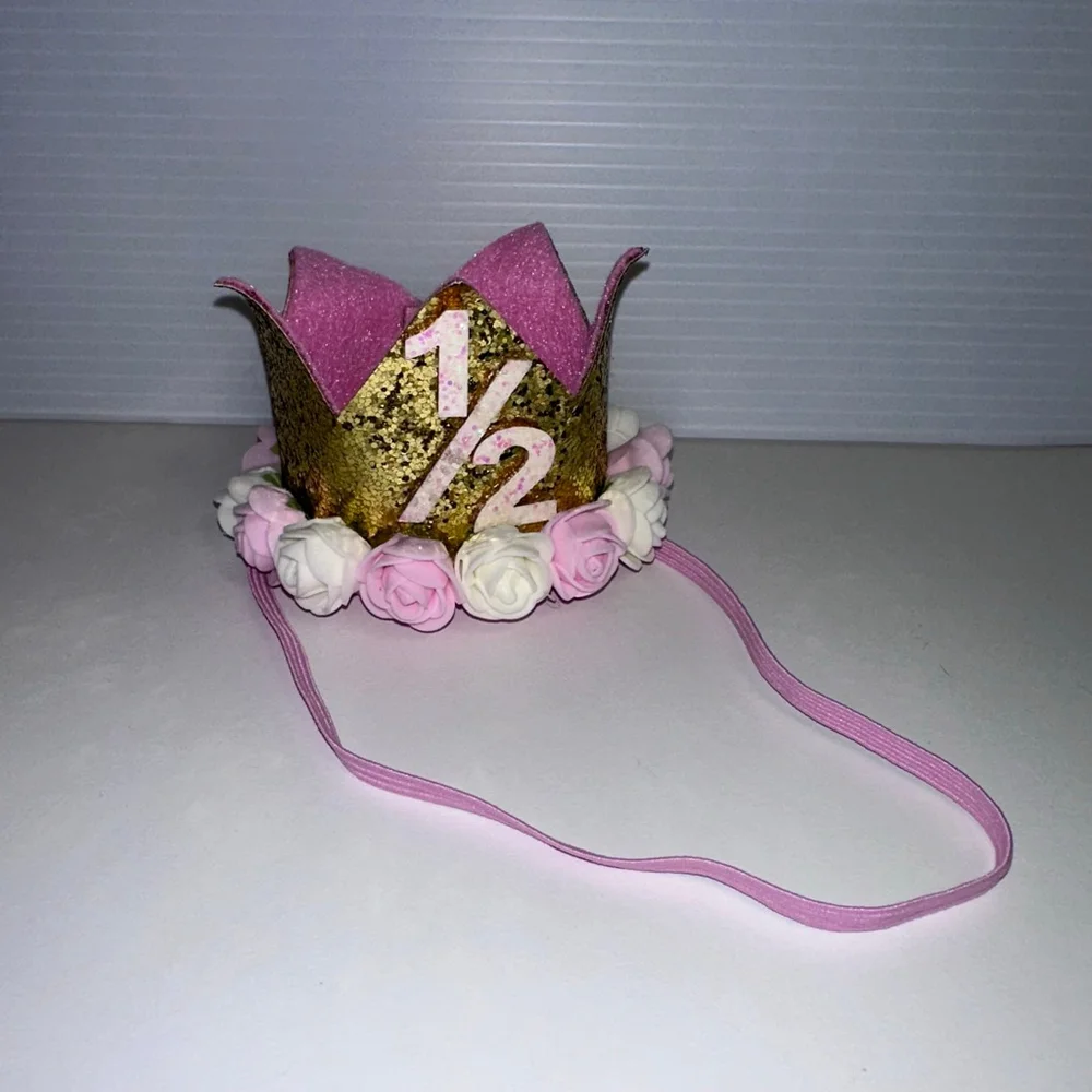 Baby Girl Pink Gold 1/2 Birthday Party Hat One Size Crown